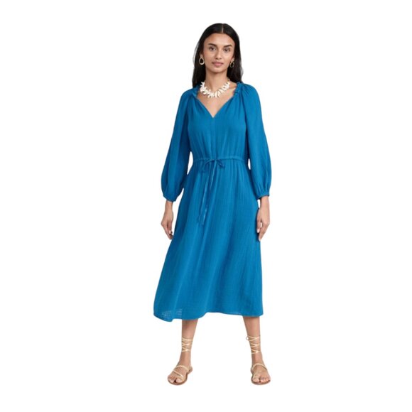 Velvet Graham & Spencer Audrey Midi Dress Womens XS Blue V-Neck Cotton Gauze - Picture 1 of 10